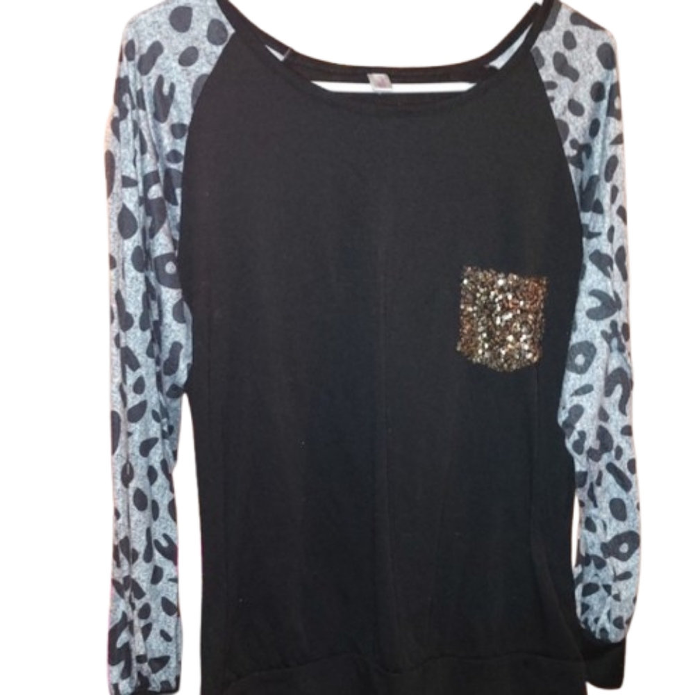 Animal Print Long Sleeve Top with Gold Sequin Pocket ,Y2K, Maximalistic, Mobwife